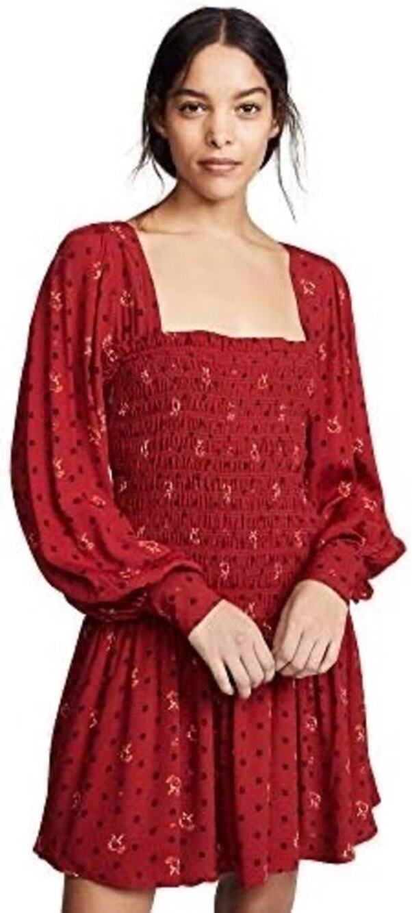 NWT Free People Red Floral Print Smocked Long Sleeve Mini Dress Sz M Cottagecore